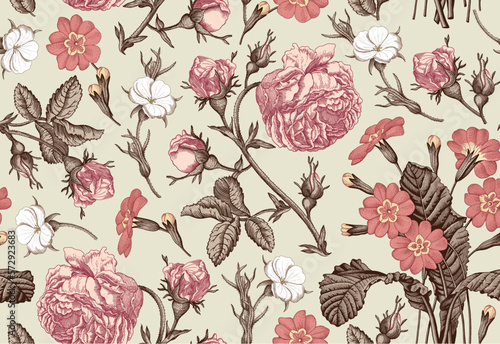 Seamless pattern. Beautiful fabric blooming realistic isolated flowers. Vintage background. Rose primrose primula wildflowers. Wallpaper baroque bouquet Drawing engraving Vector victorian 