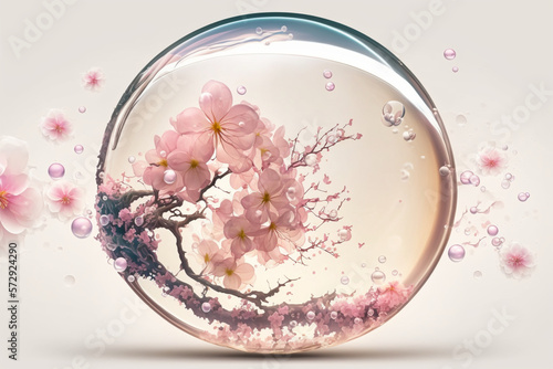 A delightful view of sakura blossom in a bubble of pink water, magical , generated by IA