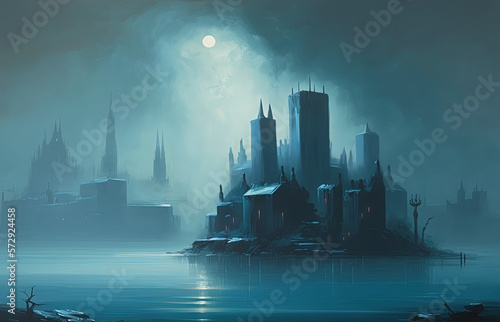 Sublime tonal oil painting of a dystopian city behind water, thick smog, blue. Generative AI.