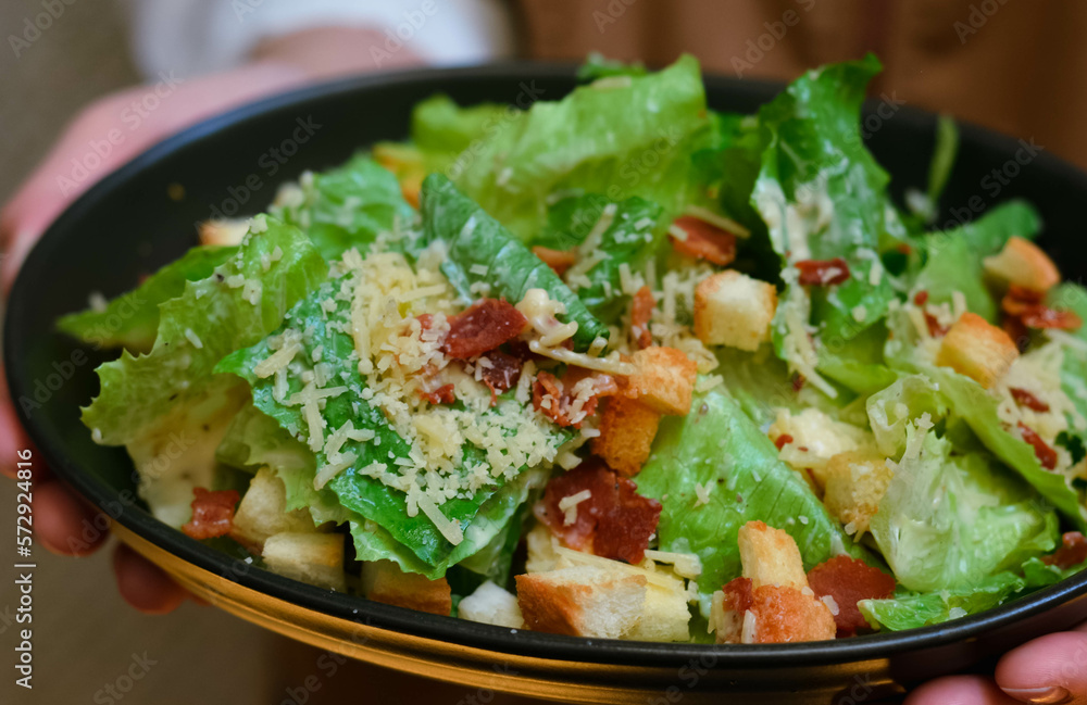 Caesar salad served with organic lettuce, crispy bread and sprinkled with cheese is a meal for health lovers. Caesar salad served with organic lettuce, crispy bread and sprinkled with cheese is a meal for health lovers.