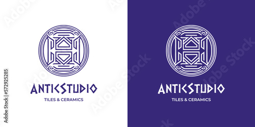 Greek style vector logo in blue colors and circle geometric form can be used for spa salon or hotel resort