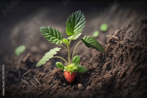 Print op canvas Small strawberry seedling plant, emerging from soil, macro, generative ai