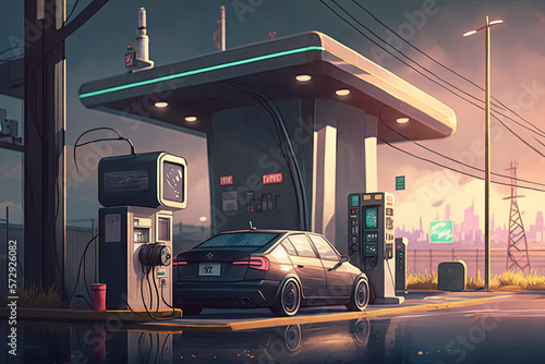 Electric car charging at a gas station in the city, industrial landscape, generative AI.