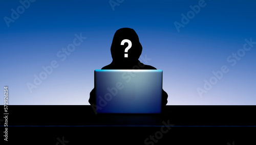 Dunkle Person mit Kapuze als Silhouette vor einem geöffneten Laptop und digit...