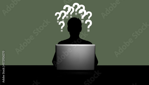 Männliche Person als Silhouette vor einem geöffneten Laptop und grünem Hinter...