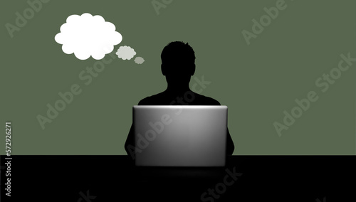 Männliche Person als Silhouette vor einem geöffneten Laptop und grünem Hinter...