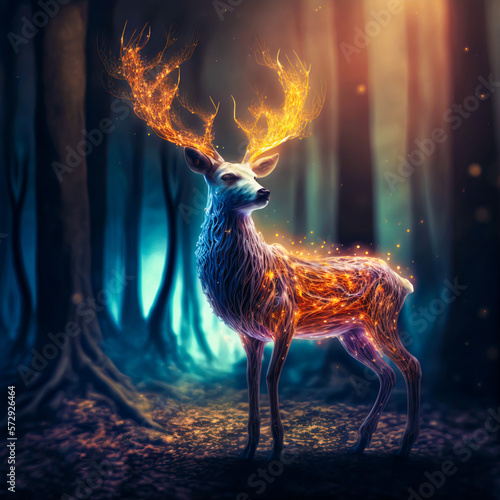 A view of reindeer mythological creature sparkling in golden lights, Generative AI