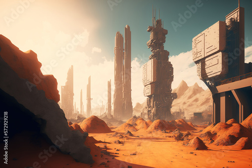 Desert Landscape with Futuristic Buildings, Mars Colonization. Generative AI photo