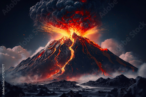 Close up volcano eruption. Generative AI