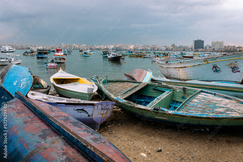 Harbor of Fishing Boats Floating on Blue Sea Water, Alexandria, Egypt. Africa.