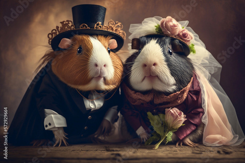 Portrait of a cute guinea pig couple in love. Generative AI