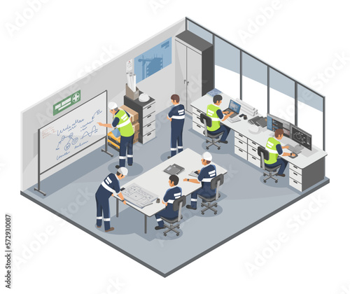 Technician and engineer meeting and working process Room Maintenance planing in conference room industrial worker concept illustration isometric isolated vector
