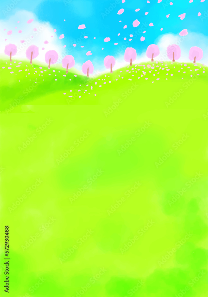 水彩の桜と草原の春の背景イラスト素材