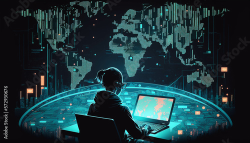 Scientists analyze information using a digital tablet and laptop. modern data visualizations, data network digital graphics, AI, and Generative AI digital Images.
