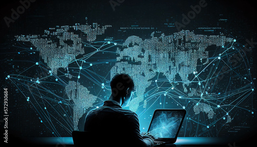 Scientists analyze information using a digital tablet and laptop. modern data visualizations, data network digital graphics, AI, and Generative AI digital Images.