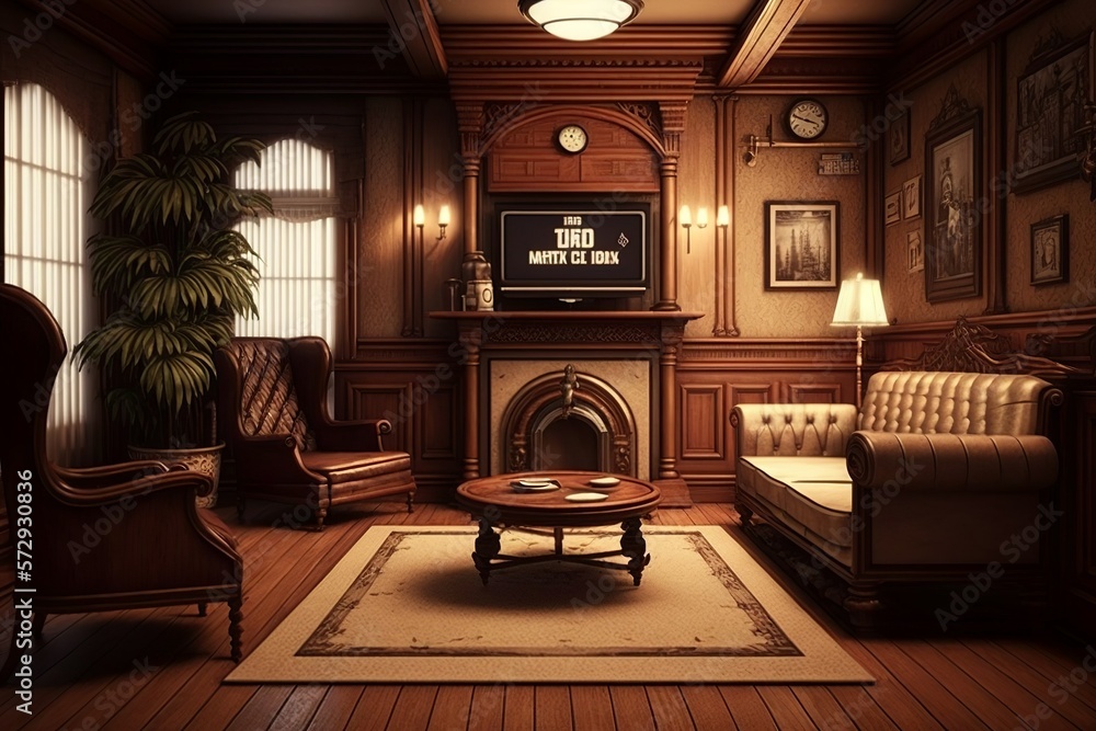 Victorian style living room interior in cozy home with wooden walls and ...