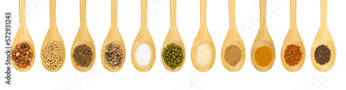 Set of herb and spices in wooden spoons