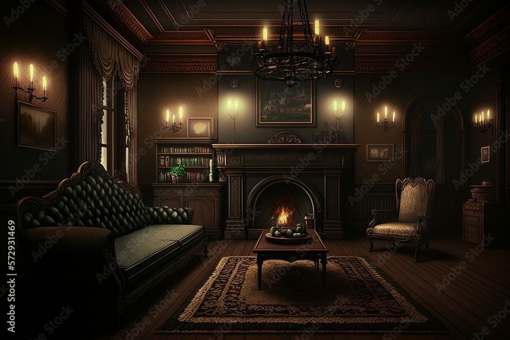Dark victorian retrofuturistic moody home interior with fireplace and