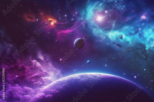 colorful galaxies in space behind a planet and moons  created with generative ai