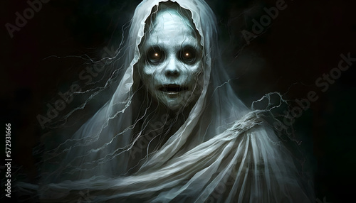 Fotografie, Obraz Scary, spooky, female ghost with glowing eyes.