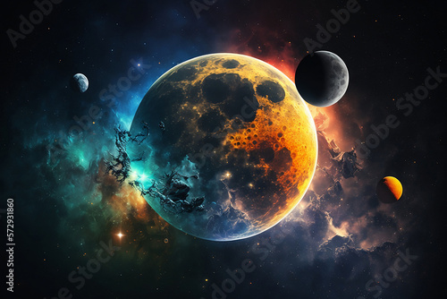 Colorful computer background of a planet and clouds floating in space. 