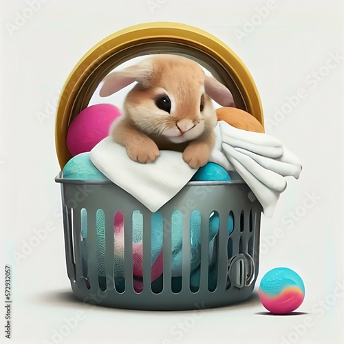 cute eastern bunny in bucket full of clothes (ID: 572932057)