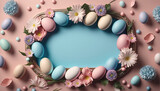 frame surrounded with easter eggs and flowers, pastel pink, pastel blue, copytext space, generative AI