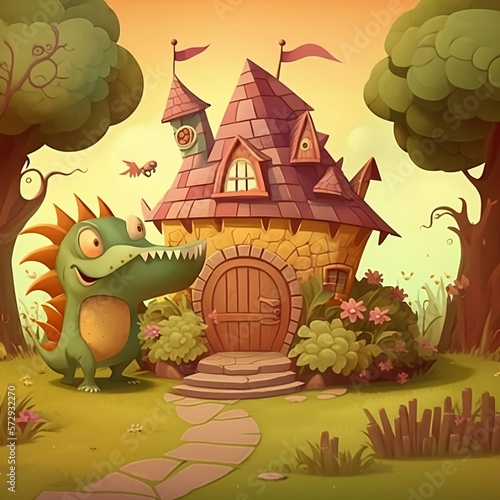 cartoonish castle and dragon (ID: 572932270)