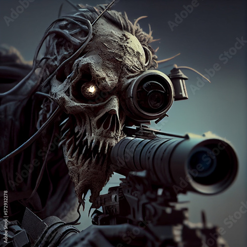 Zombie sniper looking through scope. generative AI