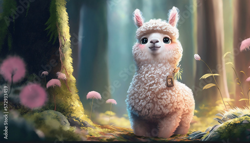 Little pastel lama in a forest sooo soft sooo Kawaii Generative AI photo