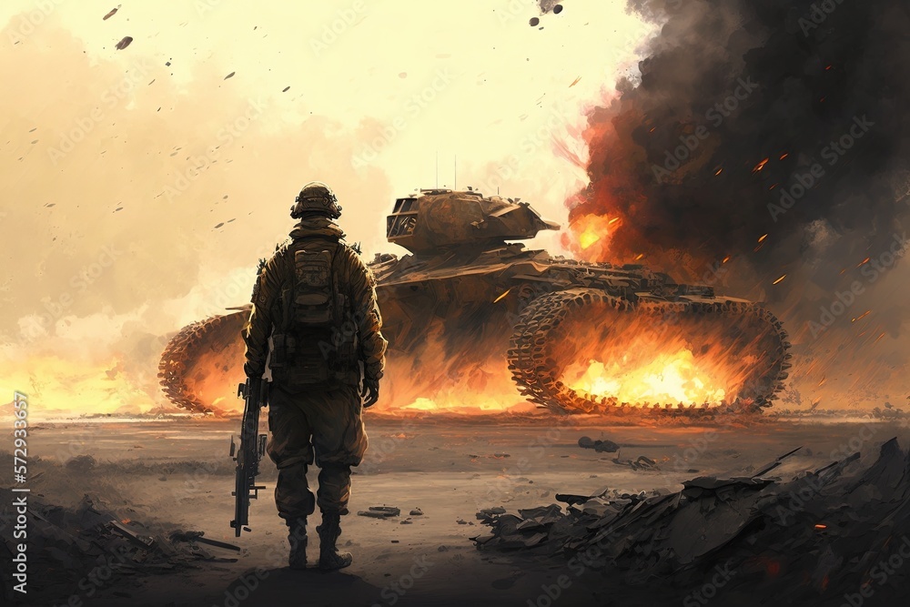 Soldier on war, battlefield with tanks and aeroplanes, explosions and fire. Generative AI