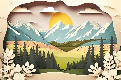 Mountains papercut background. Art style landscape illustration in craft style. Layered spring or summer design with mountains  forest  grass  sun and cloud. Space for text.