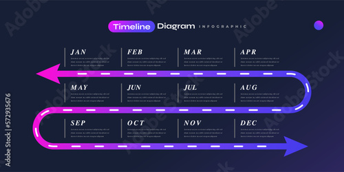 Modern and Colorful Infographic Design Template with Calendar and Arrows . Timeline Diagram Presentation Design with 12 Options
