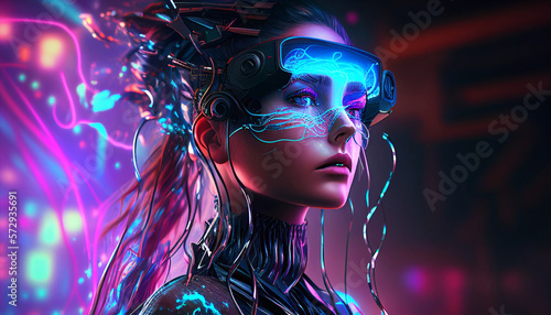 A humanoid cyber girl in Metaverse virtual digital technology. Artificial intelligence. Girl with virtual reality VR goggle playing AR augmented reality game and entertain. Postproducted generative AI photo