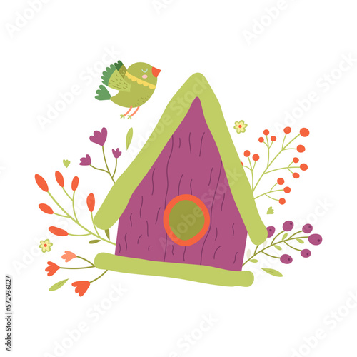 Cartoon purple birdhouse with flying green bird and flowers around. For spring Easter post card or illustrations