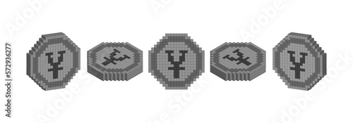 Vector set of 3d square coins made of pixels. Volumetric angular japanese yen token in different projections on a white isolated background.