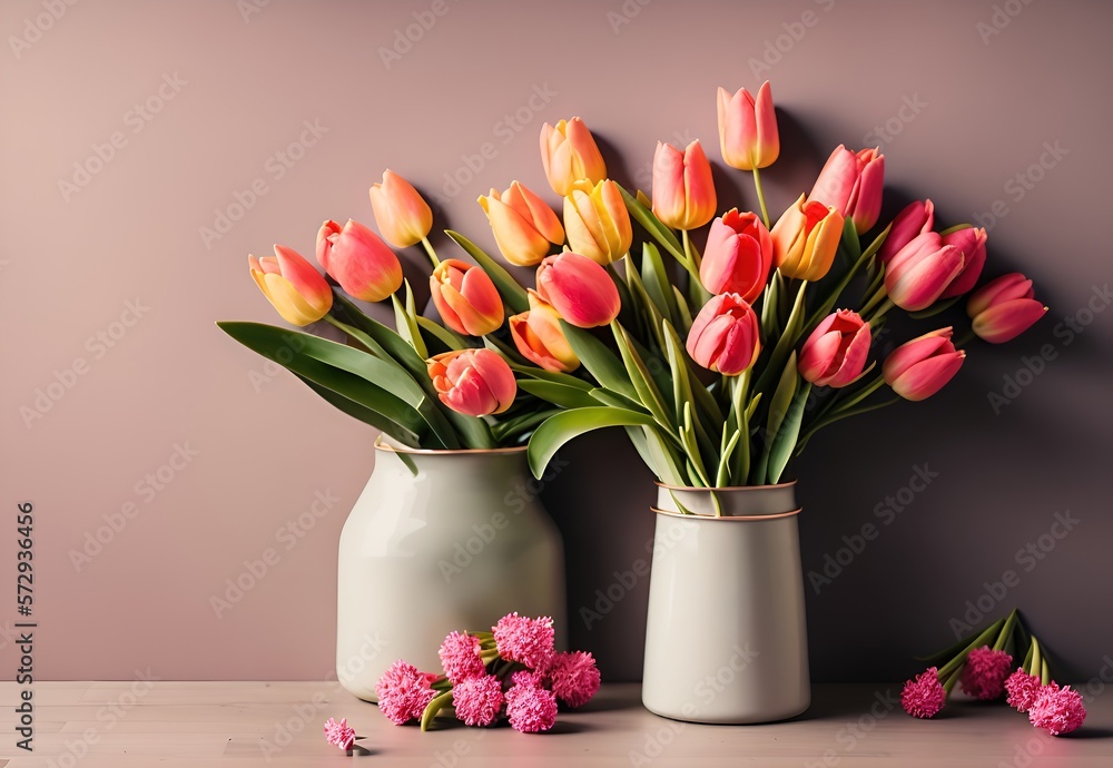 Fototapeta premium Flowers composition, pink flowers on pastel colors abstract background