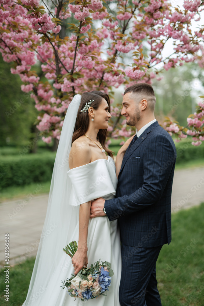 newlyweds walk in the park among cherry blossoms newlyweds walk in the park among cherry blossoms