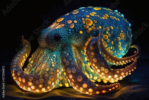 Octopus skin glowing, concept of Iridescent and Bioluminescence, created with Generative AI technology