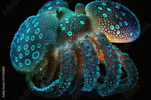 Octopus skin glowing, concept of Iridescent and Bioluminescence, created with Generative AI technology