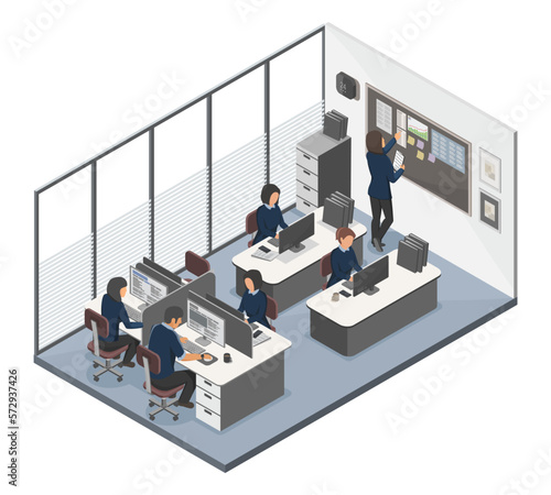 Industrial factory uniform office accountant management Purchasing department room employee worker concept illustration isometric isolated vector