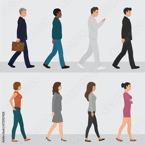The profile of various people walking down the street. flat design style minimal vector illustration