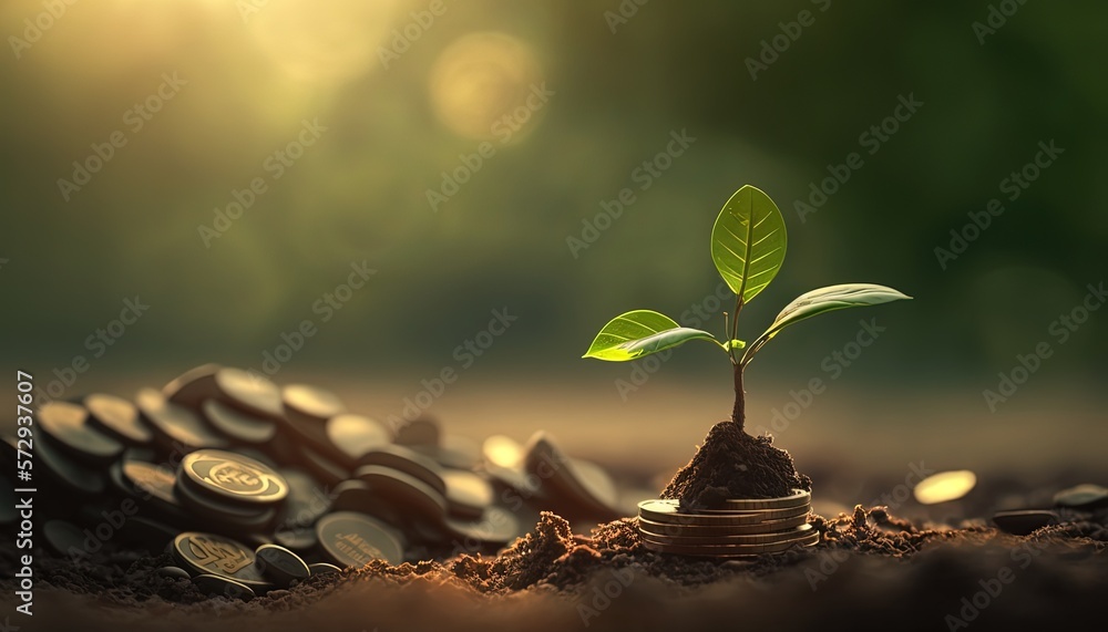 finance management conceptual, new young sprout tree grow from dirt that has coin as ground, generative Ai finance management conceptual, new young sprout tree grow from dirt that has coin as ground, generative Ai
