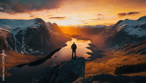 Wallpaper Mural a hiking man watching sunrise at highest peak, start of the spring season greeting scenery, dare to dream conceptual, generative Ai Torontodigital.ca
