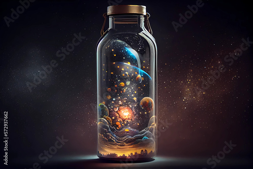 A glass water bottle with a universe inside