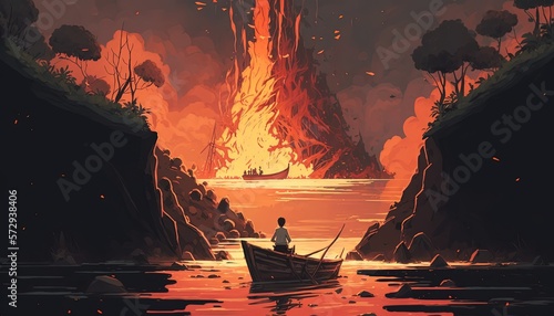 a kid on paddle boat watching at lava splash from erupting volcano with smoke and fire, Generative Ai