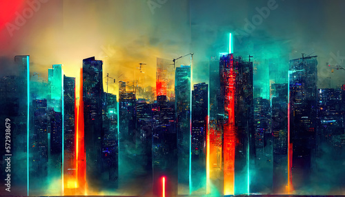 Futuristic city background with neon illumination. Generative AI