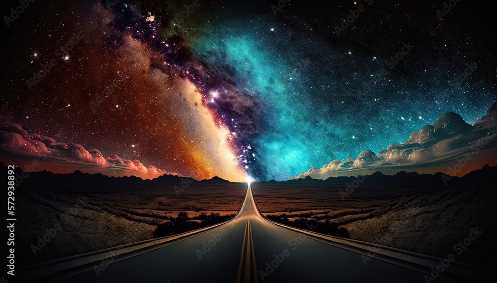fantasy way to heaven, glitter glow starry midnight sky over the highway road to horizon, Generative Ai