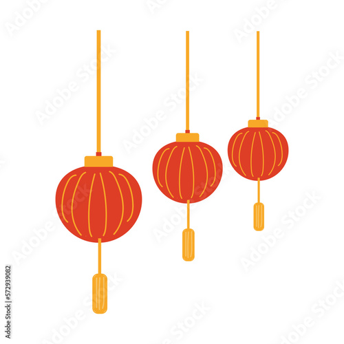 Set of hanging red Chinese lanterns isolated on white background. Traditional chinese lanterns are suitable for design of the Asian New Year, Mid autumn festival, other holidays