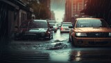 natural disaster crisis extreme bad weather pour raining in urban city street, Generative Ai 